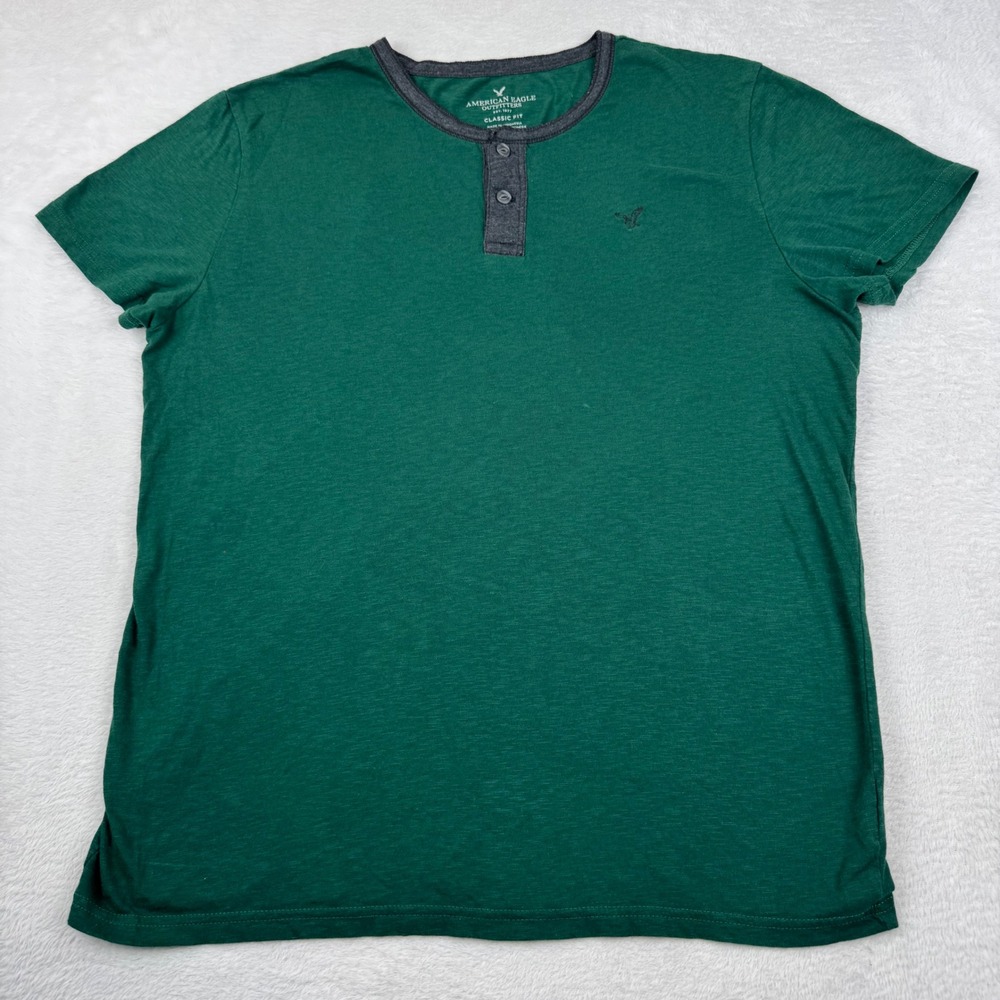 American Eagle Henley Shirt Mens Large Green Short Sleeve Classic Fit Cotton